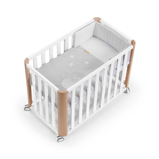 Mini berço DOCO Sleeping PLUS++ branco/natural com colchão, edredom, protetor de berço e lençol de baixo.