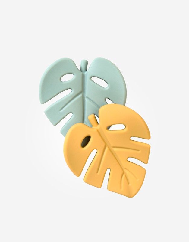 Set de 2 mordedores de silicona "Jungle Leave" Saro Menta-Mostaza